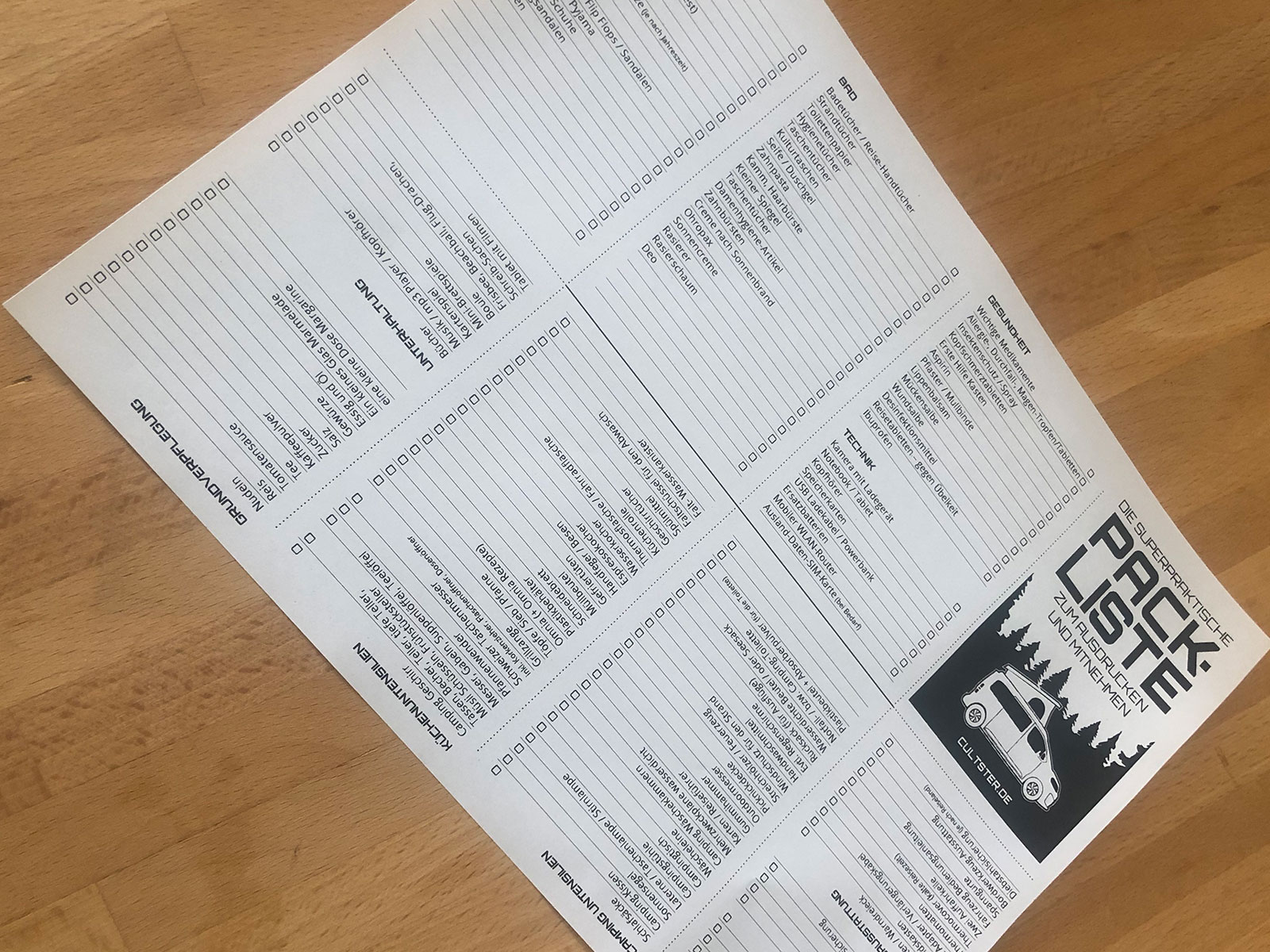 Packliste auf ein DIN A4 Bogen ausdrucken